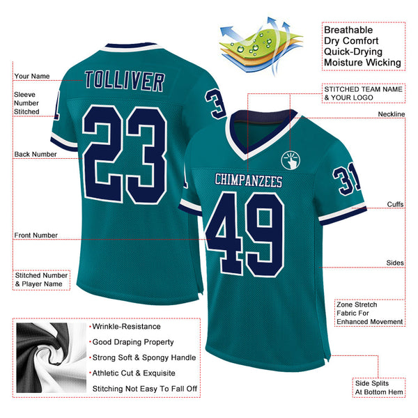 Custom Teal Navy-White Mesh Authentic Throwback Football Jersey alternate