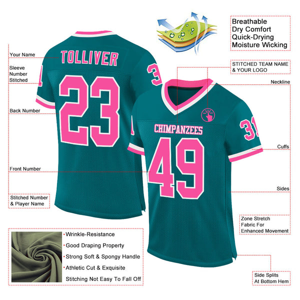 Custom Teal Pink-White Mesh Authentic Throwback Football Jersey alternate