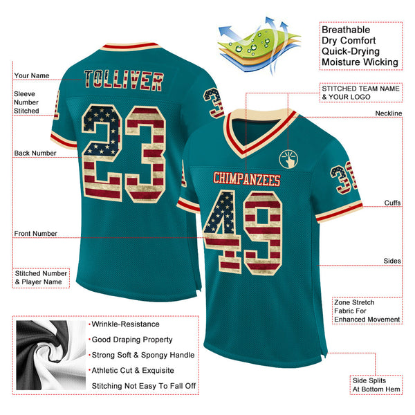 Custom Teal Vintage USA Flag Cream-Red Mesh Authentic Throwback Football Jersey alternate