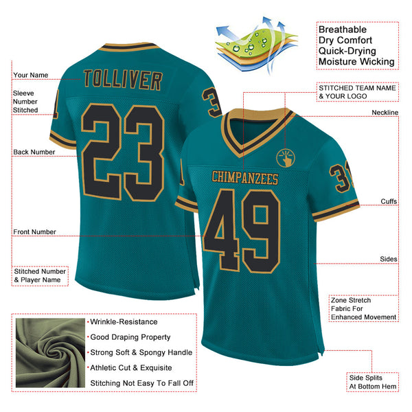Custom Teal Black-Old Gold Mesh Authentic Throwback Football Jersey alternate
