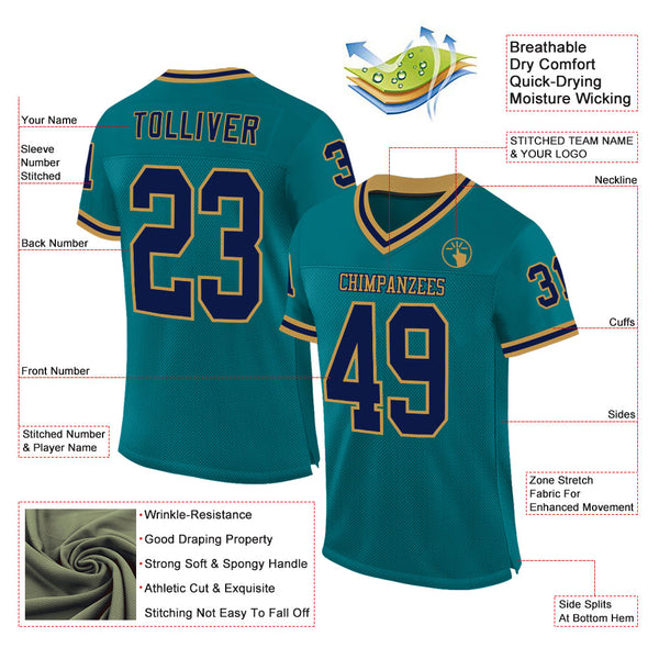 Custom Teal Navy-Old Gold Mesh Authentic Throwback Football Jersey alternate