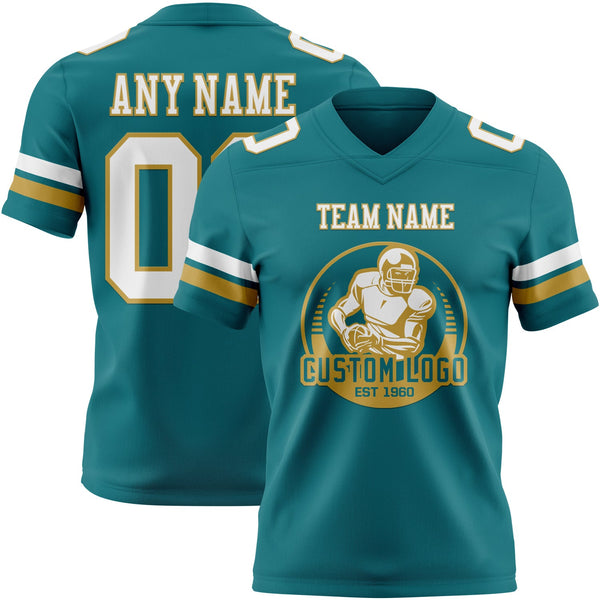 Custom Teal White-Old Gold Authentic Football Jersey alternate