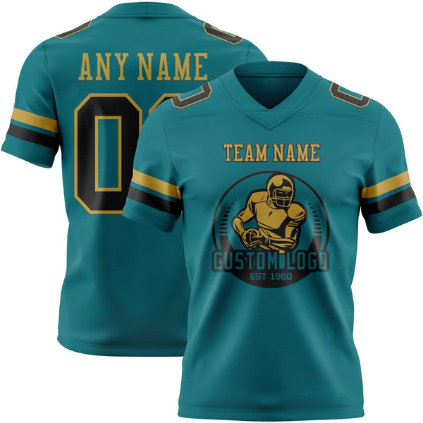 Custom Teal Black-Old Gold Authentic Football Jersey alternate