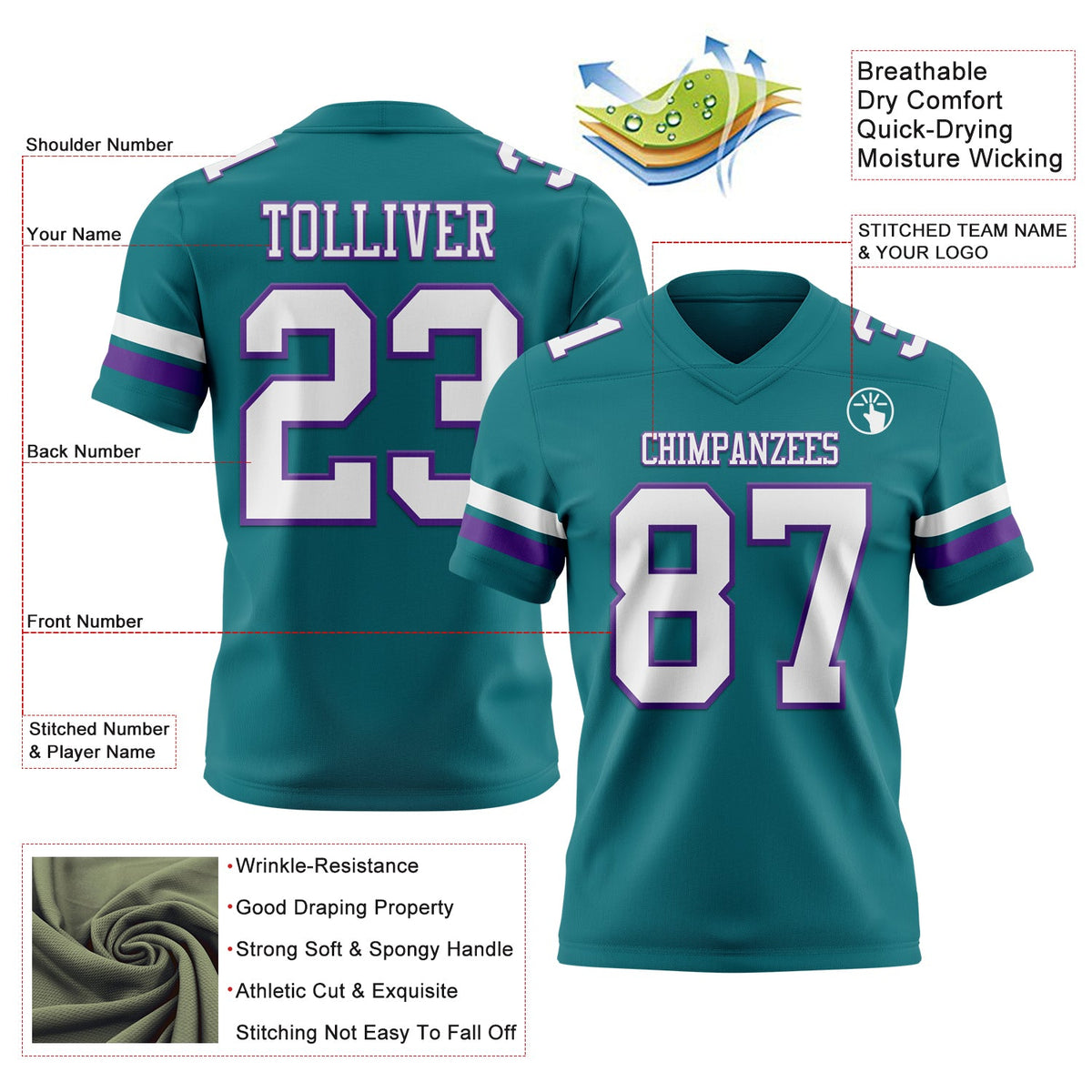 Custom Teal White-Purple Authentic Football Jersey - Front