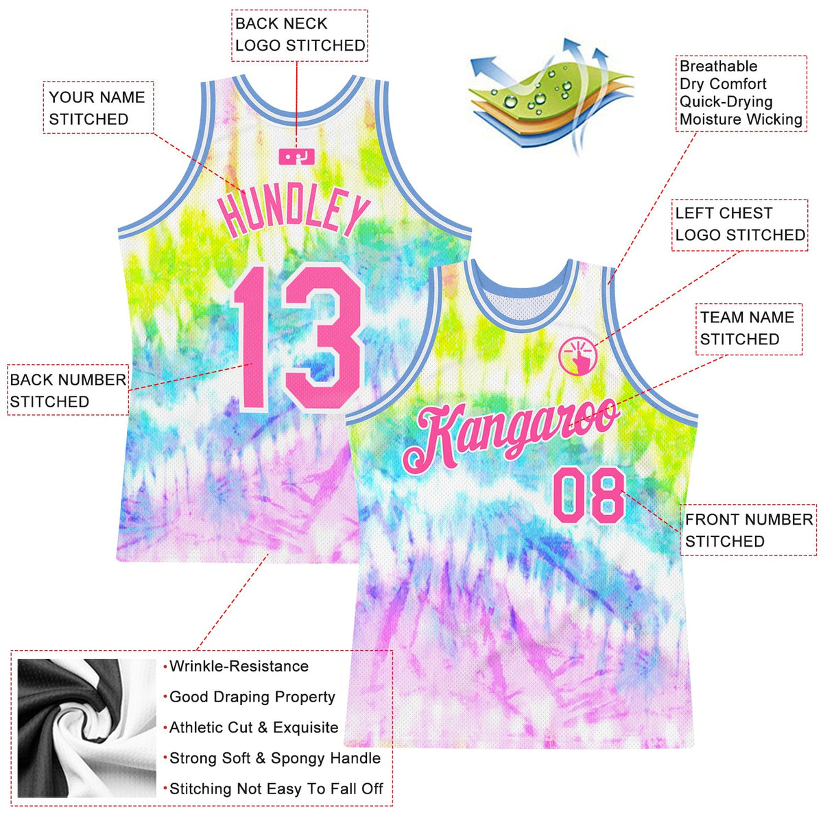 Custom Tie Dye Pink-White 3D Authentic Basketball Jersey - Back