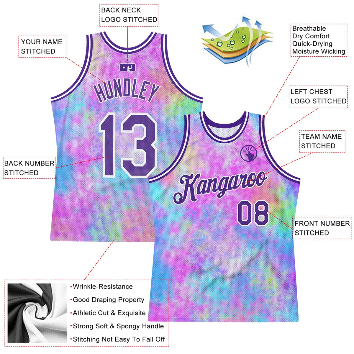 Custom Tie Dye Purple-White 3D Watercolor Gradient Authentic Basketball Jersey - Back