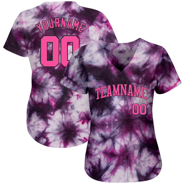 Custom Tie Dye Pink-Black 3D Authentic Baseball Jersey alternate