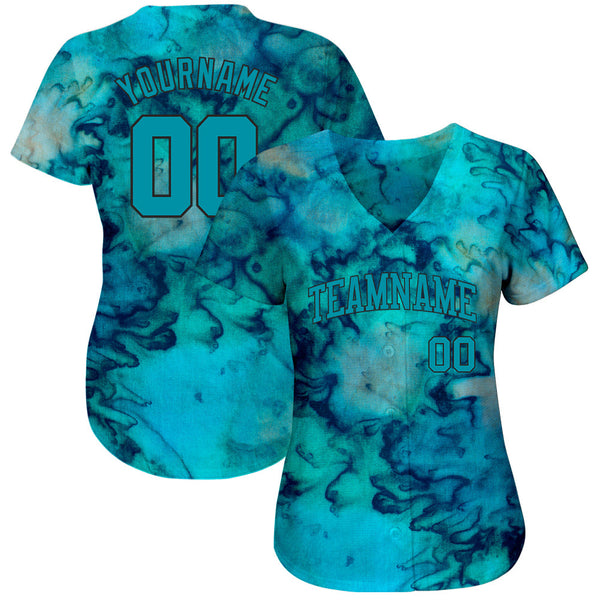 Custom Tie Dye Teal-Black 3D Authentic Baseball Jersey alternate