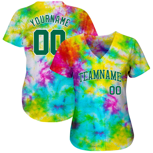 Custom Tie Dye Kelly Green-White 3D Authentic Baseball Jersey alternate