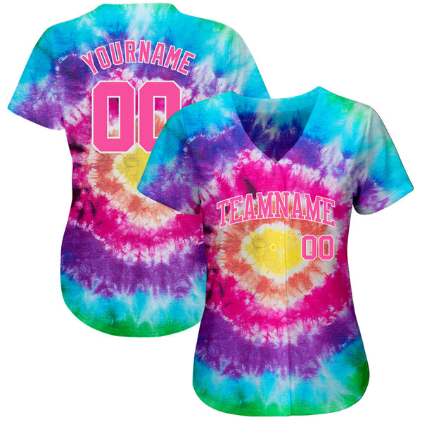 Custom Tie Dye Pink-White 3D Authentic Baseball Jersey alternate