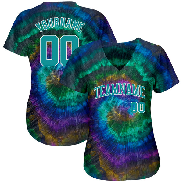 Custom Tie Dye Teal-White 3D Authentic Baseball Jersey alternate
