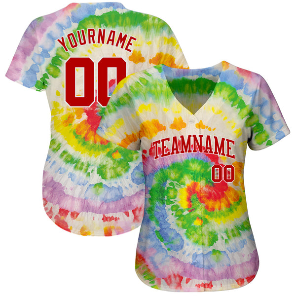 Custom Tie Dye Red-White 3D Authentic Baseball Jersey alternate