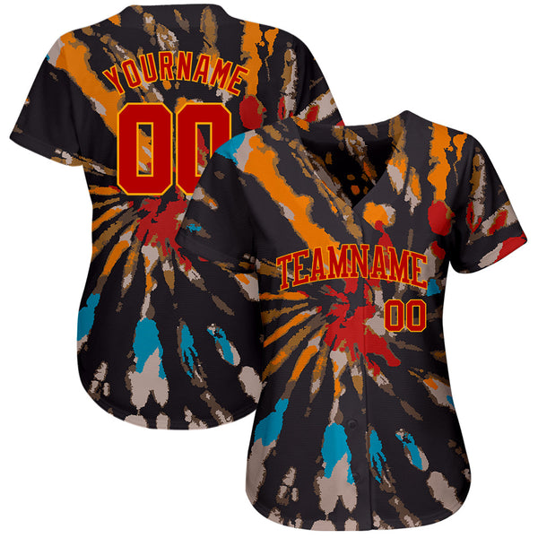 Custom Tie Dye Red-Gold 3D Authentic Baseball Jersey alternate