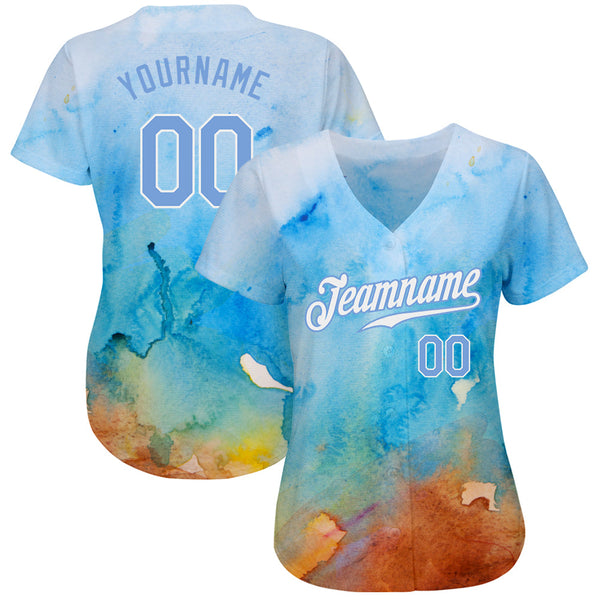 Custom Tie Dye Light Blue-White 3D Authentic Baseball Jersey alternate