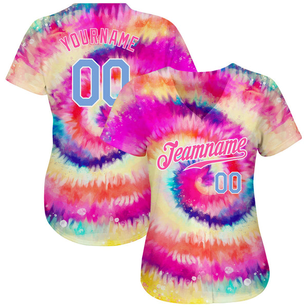Custom Tie Dye Light Blue-White 3D Rainbow Authentic Baseball Jersey alternate