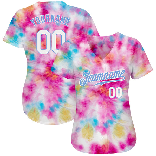 Custom Tie Dye White-Light Blue 3D Colorful Watercolor Authentic Baseball Jersey alternate