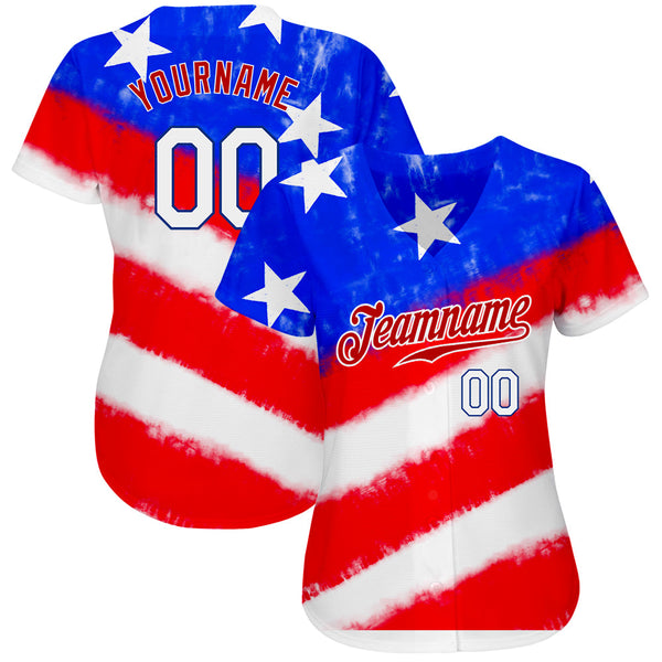 Custom Tie Dye White-Royal 3D American Flag Authentic Baseball Jersey alternate