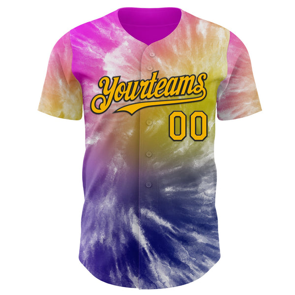Custom Tie Dye Gold-Black Shibori Pattern Authentic Baseball Jersey alternate
