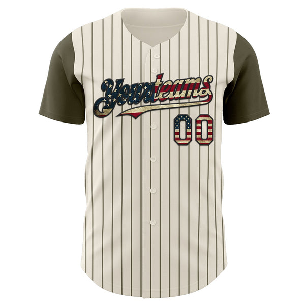 Custom Cream Olive Pinstripe Vintage USA Flag-Black Authentic Two Tone Baseball Jersey alternate