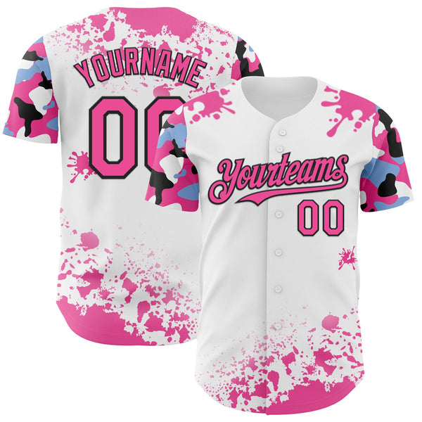Custom White Pink Black-Blue Splatter Camo Two Tone Authentic Baseball Jersey