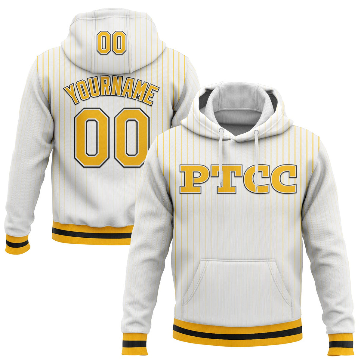 Custom Stitched White Pinstripe Gold-Black PTCC Sports Pullover Sweatshirt Hoodie