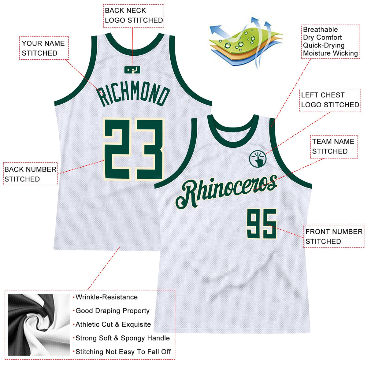 Custom White Hunter Green-Cream Authentic Throwback Basketball Jersey - Back