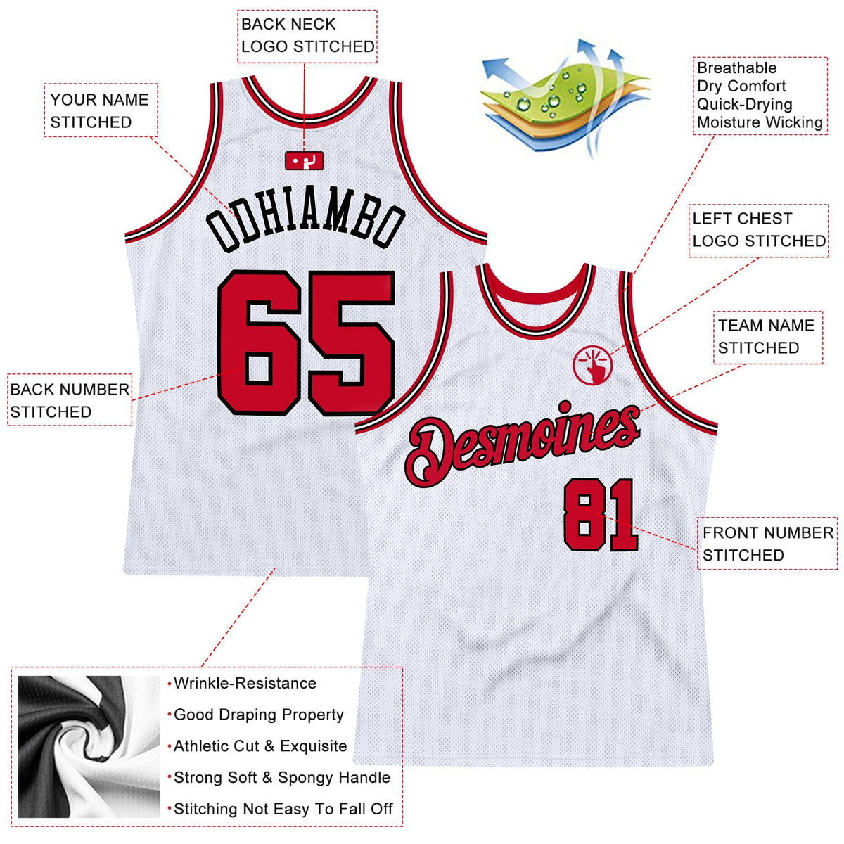 Custom White Red-Black Authentic Throwback Basketball Jersey - Back