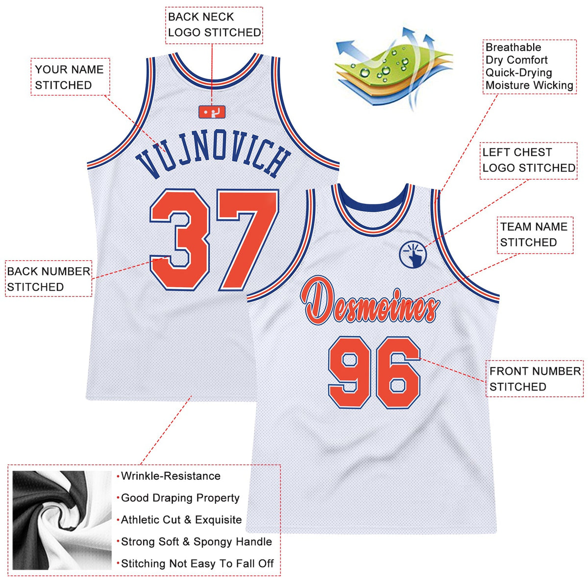 Custom White Orange-Royal Authentic Throwback Basketball Jersey - Back