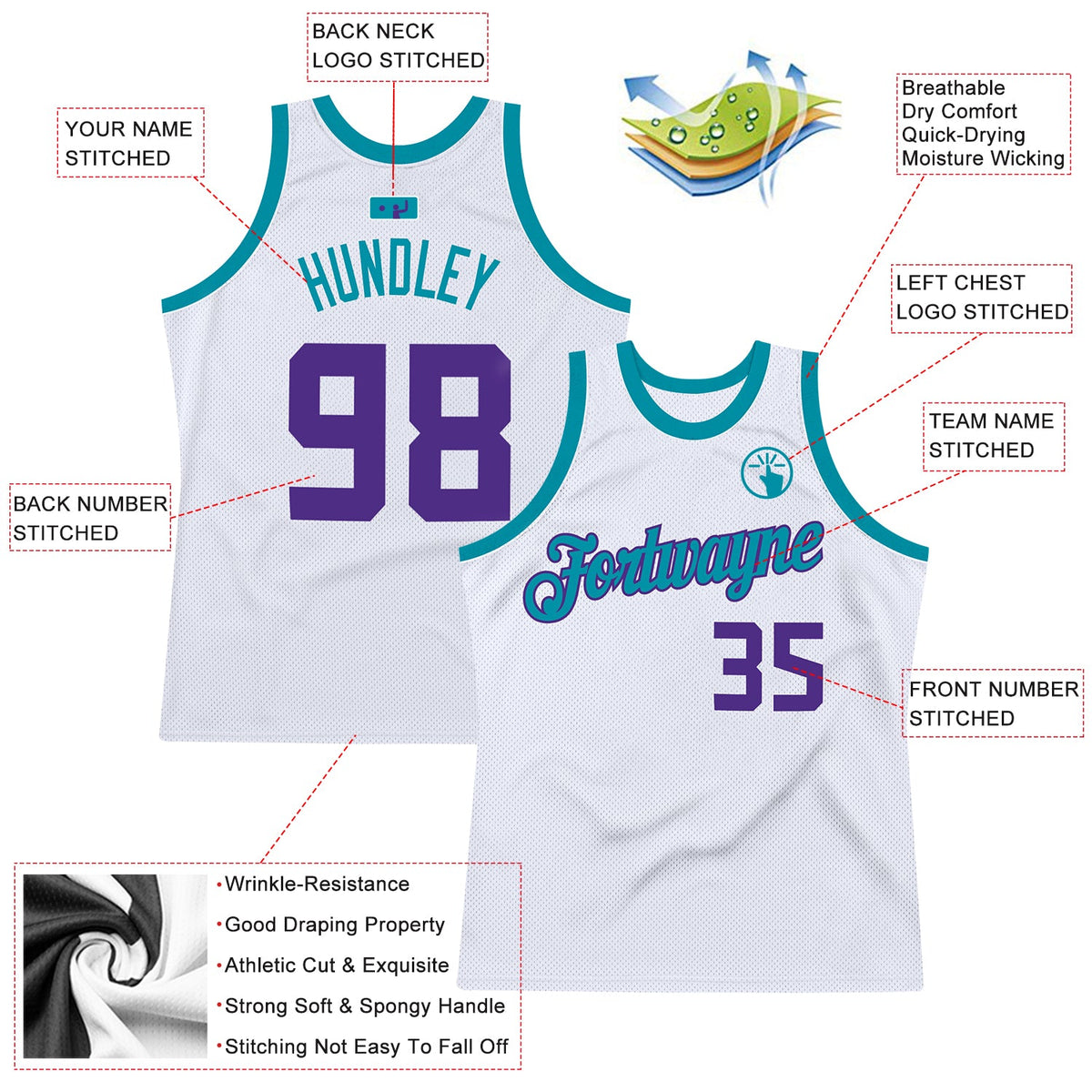 Custom White Purple-Teal Authentic Throwback Basketball Jersey - Back
