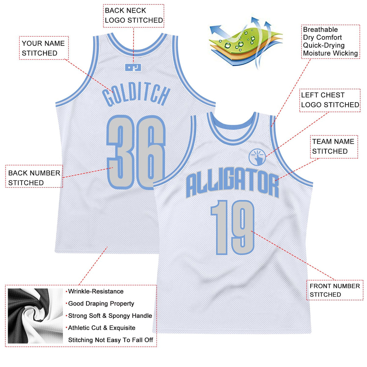 Custom White Light Gray-Light Blue Authentic Throwback Basketball Jersey - Front