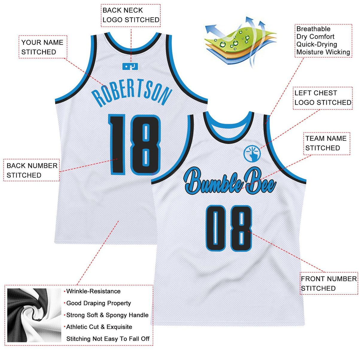 Custom White Black-Blue Authentic Throwback Basketball Jersey - Back