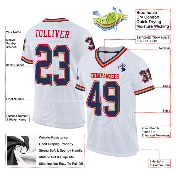 Custom White Navy-Red Mesh Authentic Throwback Football Jersey alternate