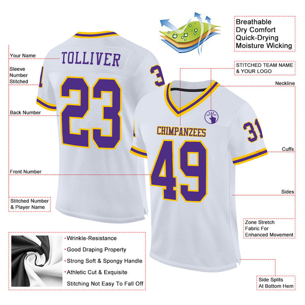 Custom White Purple-Gold Mesh Authentic Throwback Football Jersey alternate