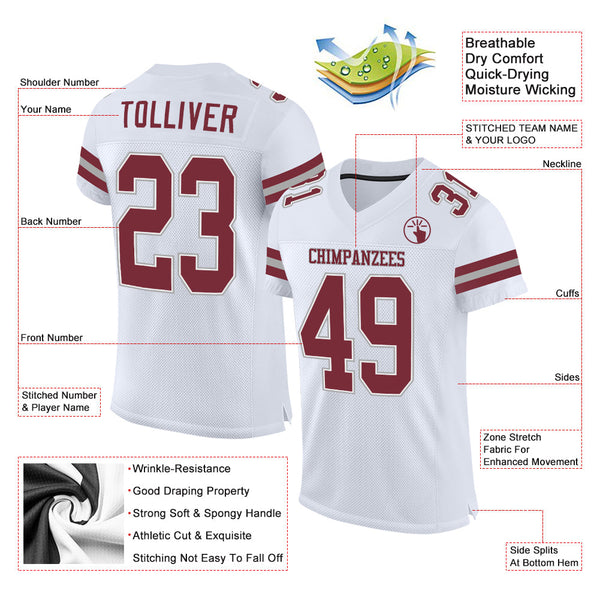 Custom White Burgundy-Gray Mesh Authentic Football Jersey alternate