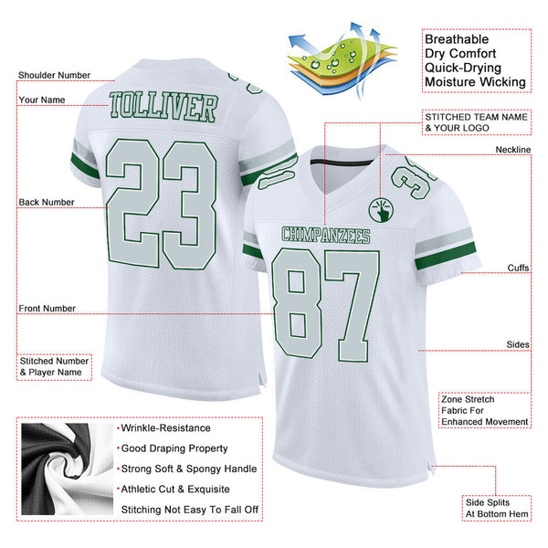 Custom White Silver-Green Mesh Authentic Football Jersey alternate