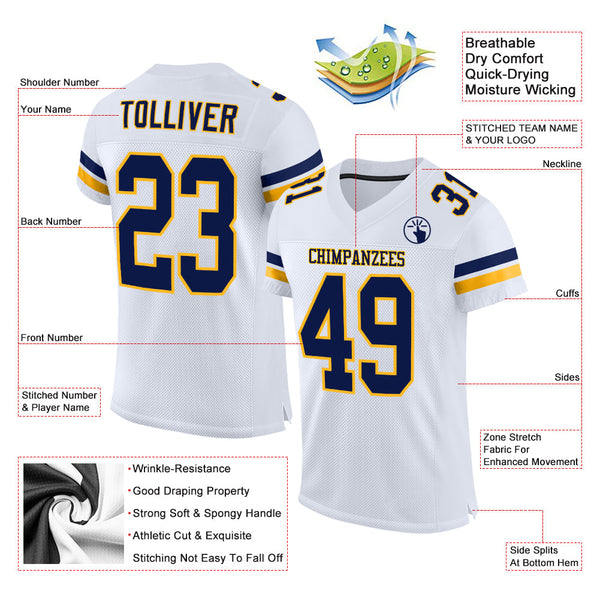 Custom White Navy-Gold Mesh Authentic Football Jersey alternate