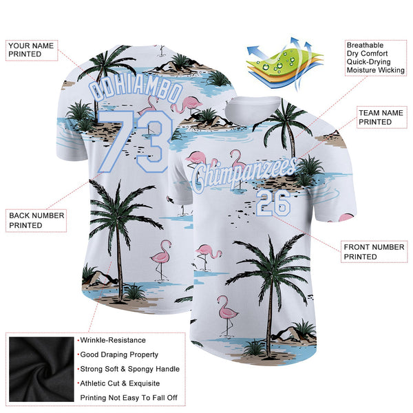 Custom White White-Light Blue 3D Pattern Design Hawaii Palm Trees Performance T-Shirt alternate