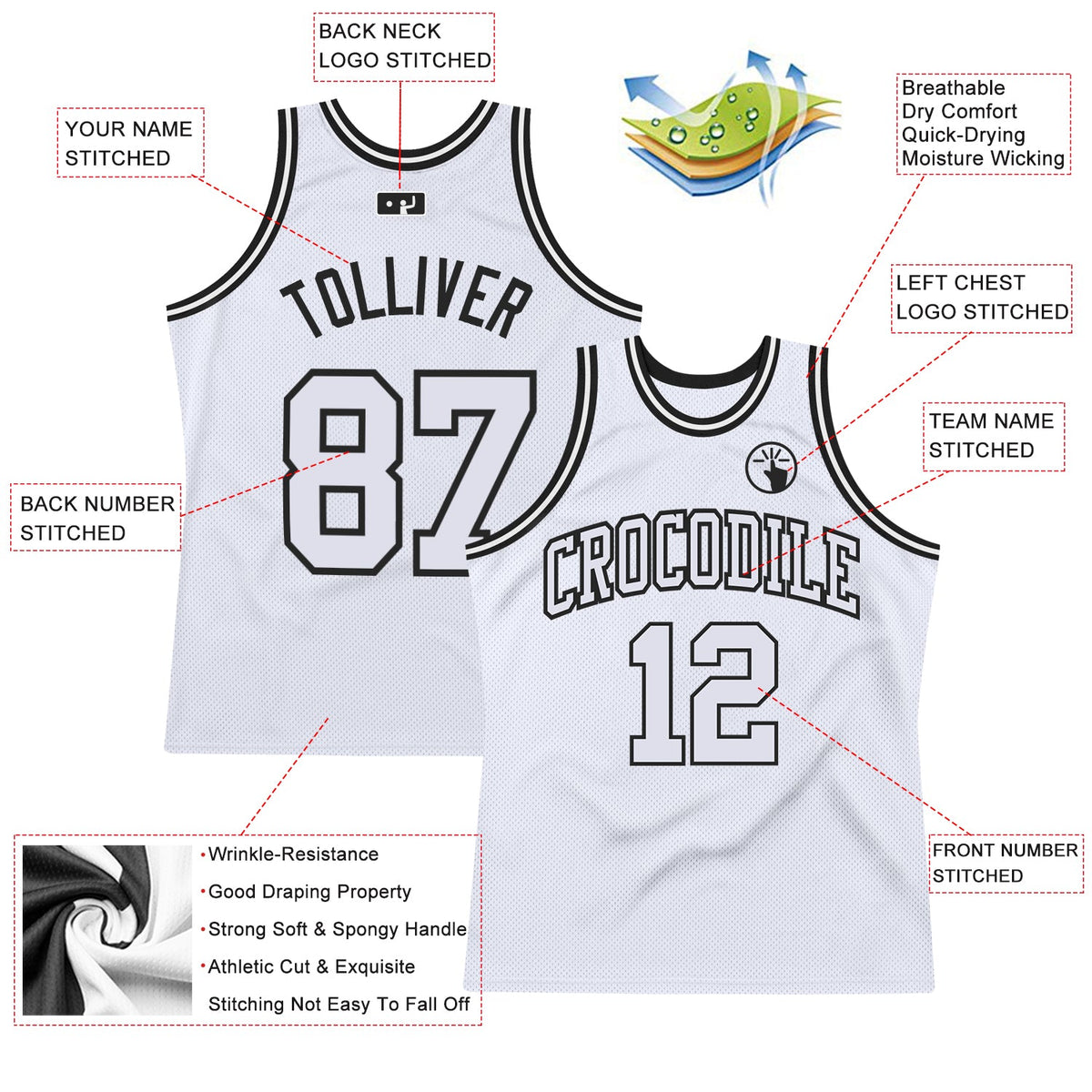 Custom White White-Black Authentic Throwback Basketball Jersey - Back