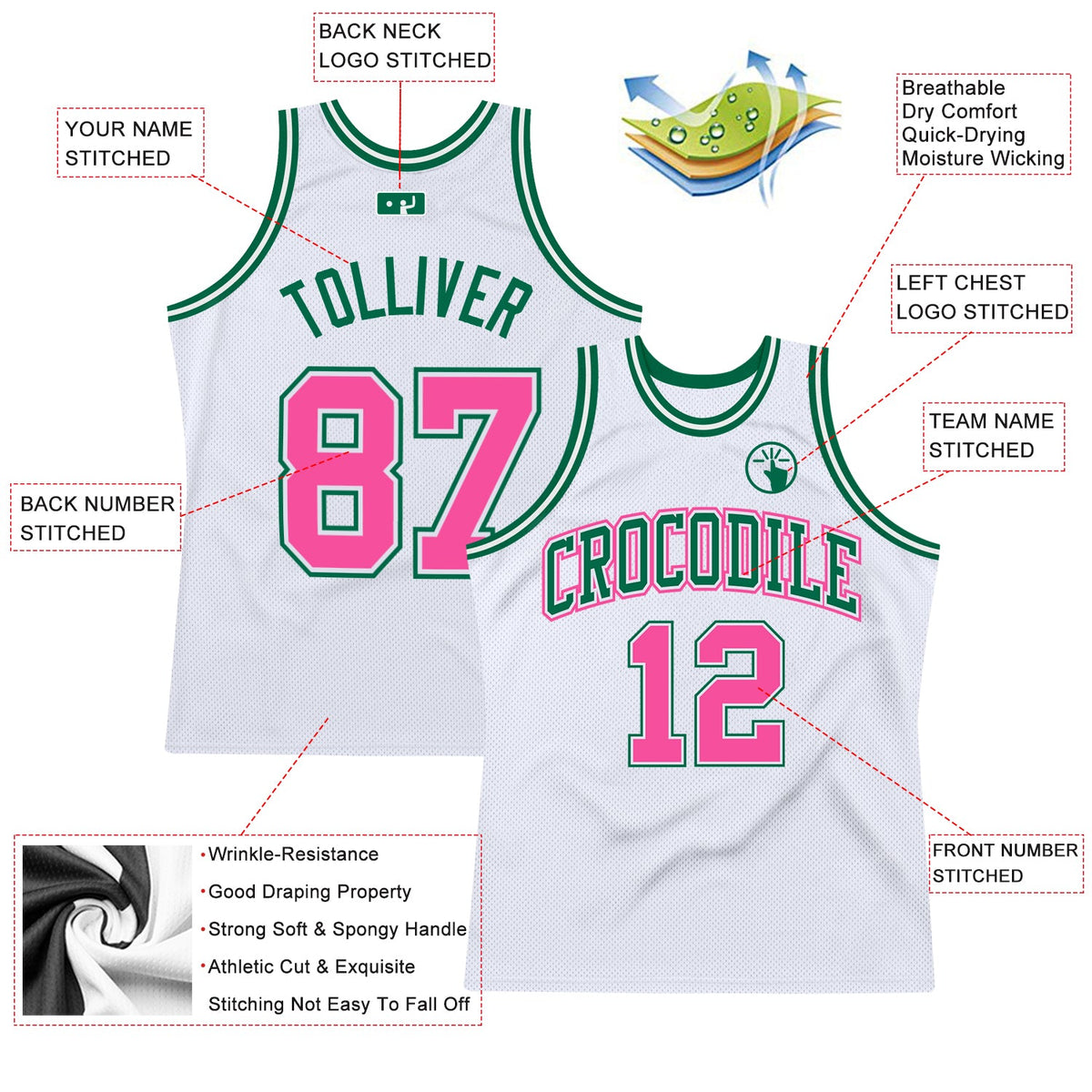Custom White Pink-Kelly Green Authentic Throwback Basketball Jersey - Back