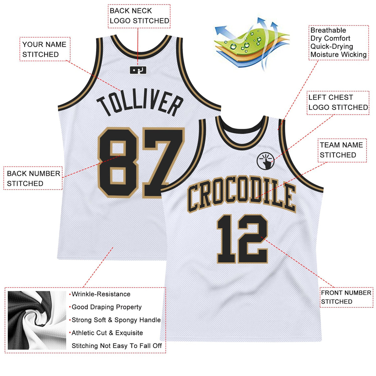 Custom White Black-Old Gold Authentic Throwback Basketball Jersey - Front