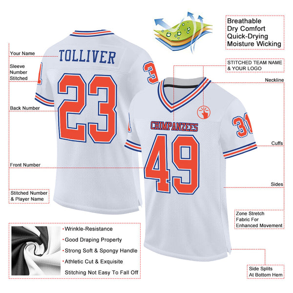 Custom White Orange-Royal Mesh Authentic Throwback Football Jersey alternate