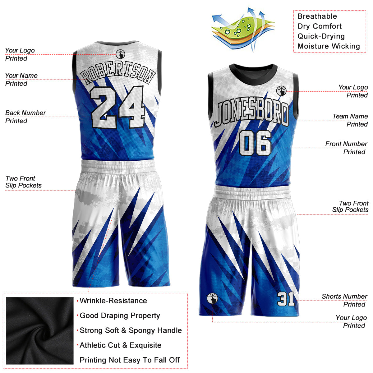Custom White White-Royal Round Neck Sublimation Basketball Uniform Jersey - Front