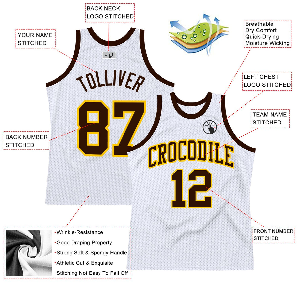 Custom White Brown-Gold Authentic Throwback Basketball Jersey - Back