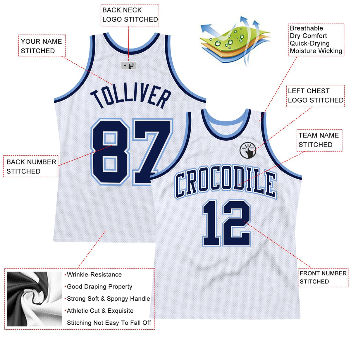 Custom White Navy-Light Blue Authentic Throwback Basketball Jersey - Back
