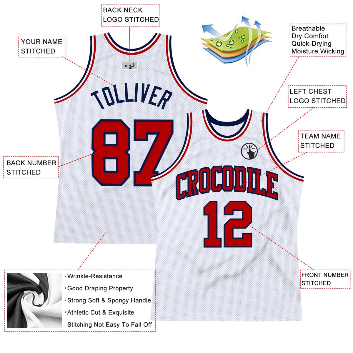 Custom White Red-Navy Authentic Throwback Basketball Jersey - Back