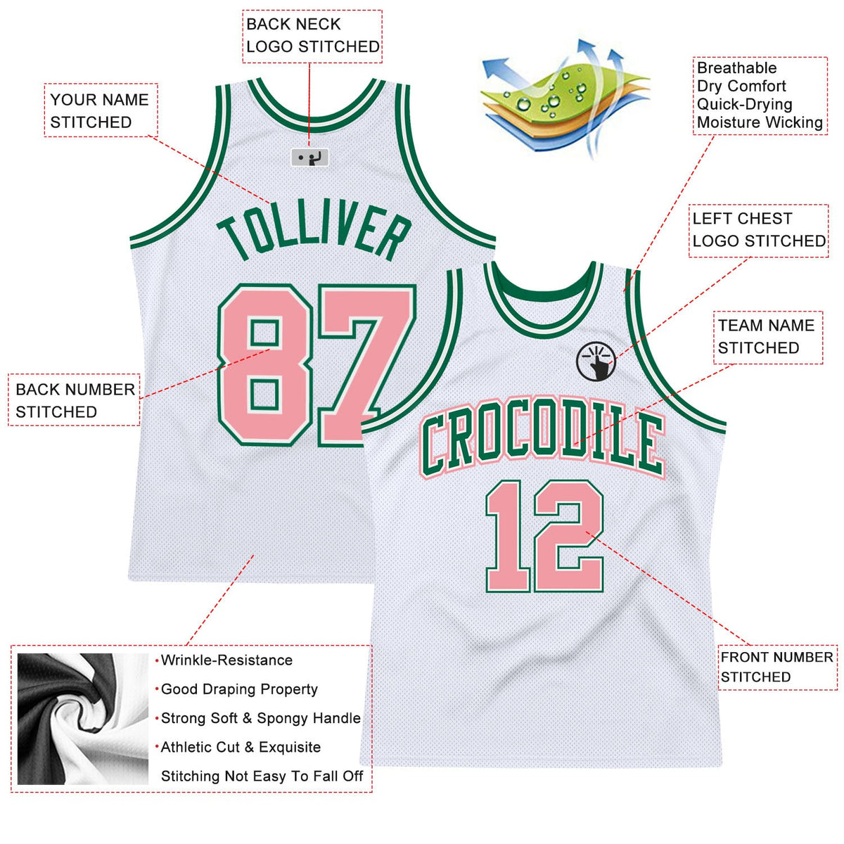 Custom White Medium Pink-Kelly Green Authentic Throwback Basketball Jersey - Back
