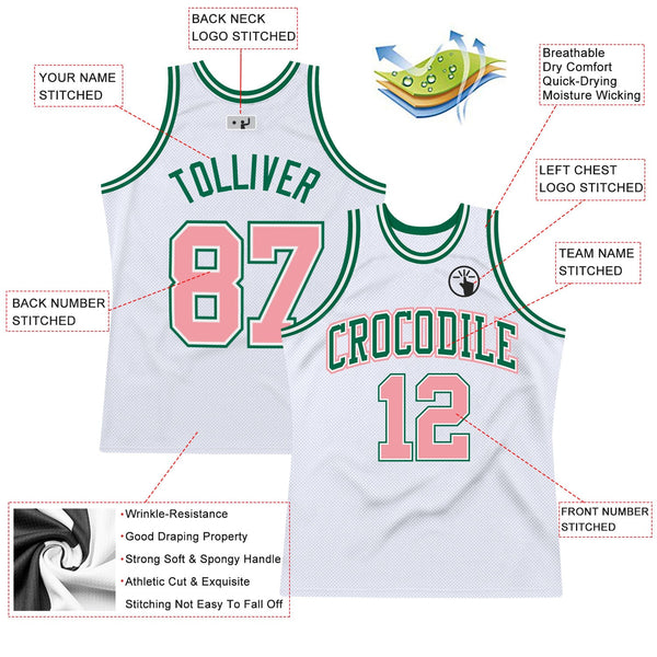 Custom White Medium Pink-Kelly Green Authentic Throwback Basketball Jersey alternate