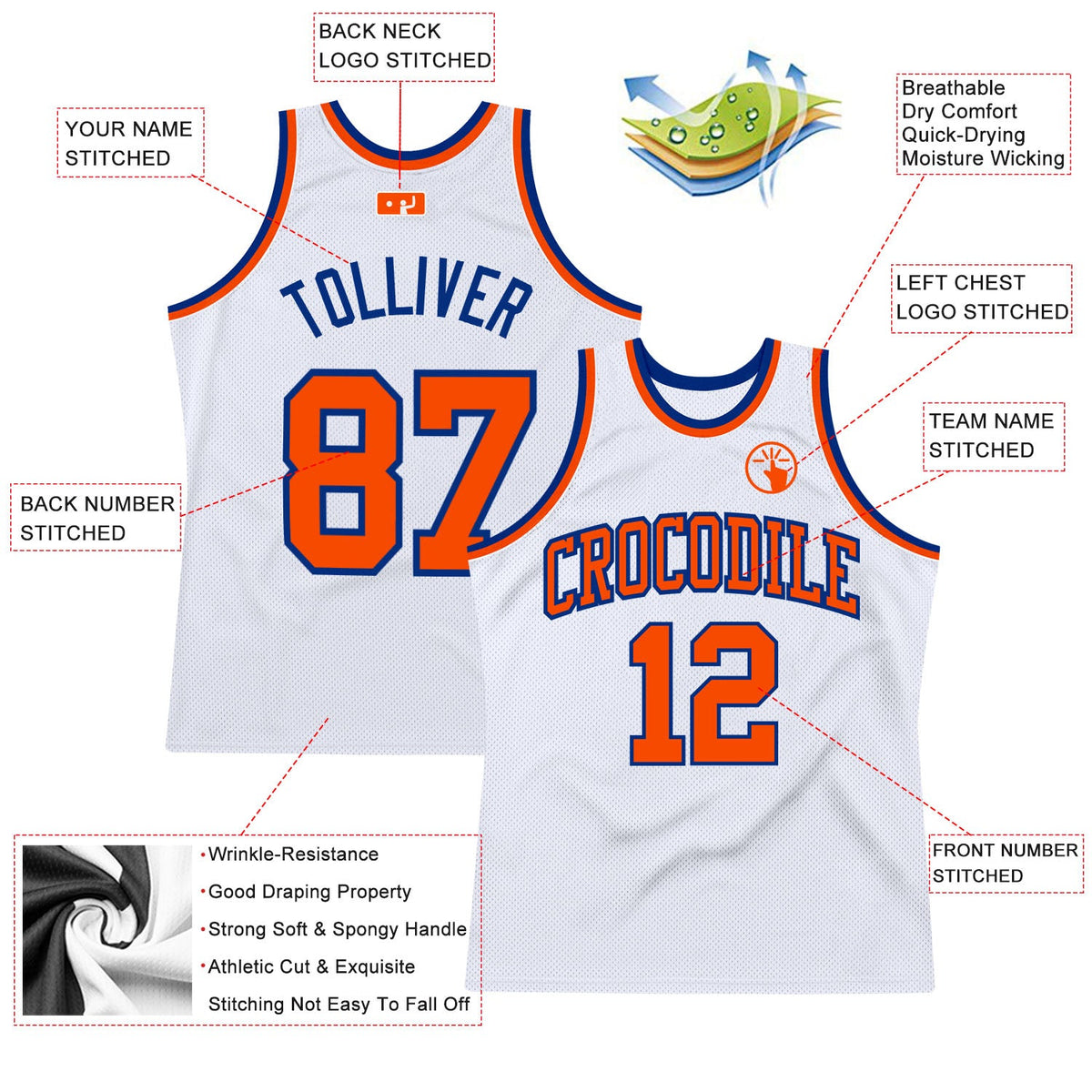 Custom White Orange-Royal Authentic Throwback Basketball Jersey - Back