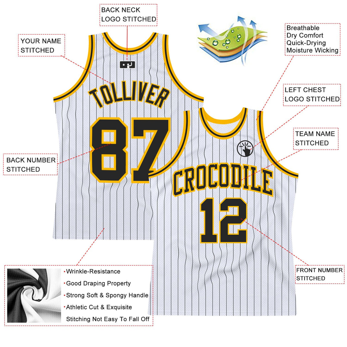 Custom White Black Pinstripe Black-Gold Authentic Basketball Jersey - Back