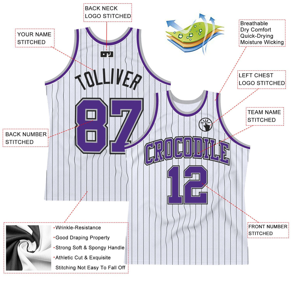 Custom White Black Pinstripe Purple-Gray Authentic Basketball Jersey - Back